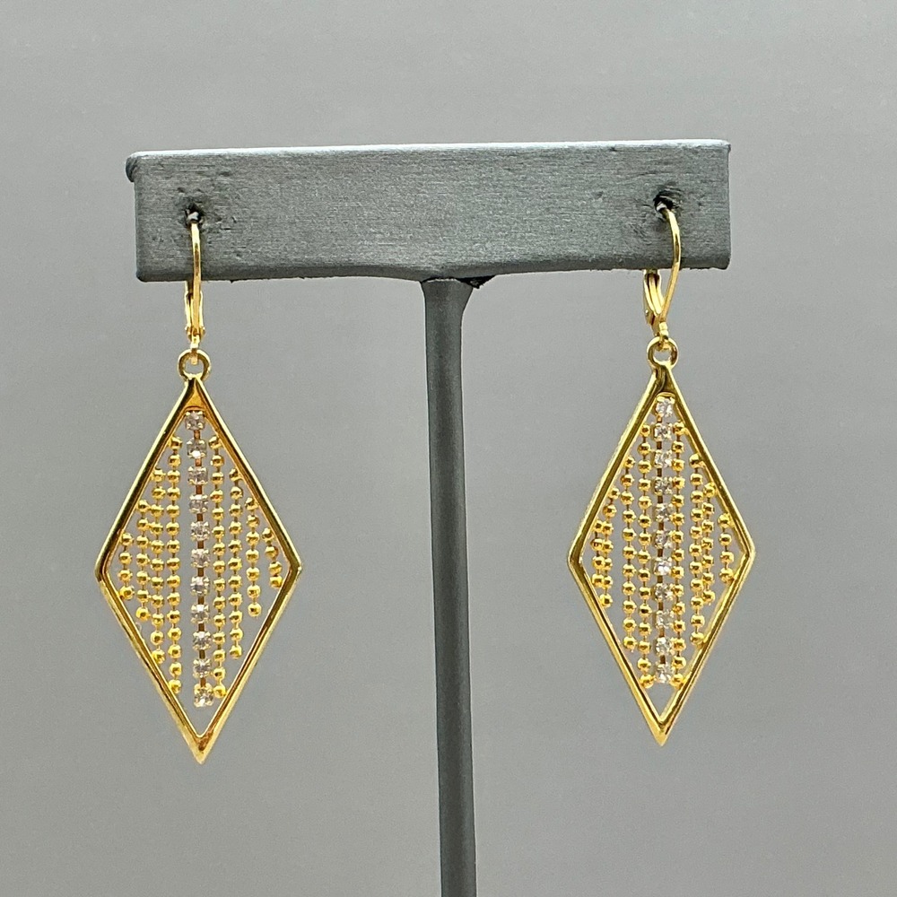 Dangle Drop Earrings Women Gold Rhombus Diamond Shape Beaded Crystal Accents
